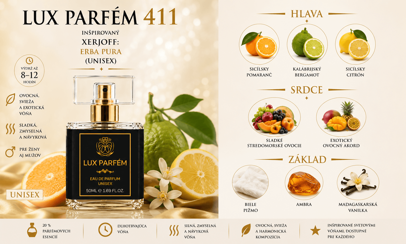 Lux Parfém 411 – Inšpirovaný Xerjoff: Erba Pura (Unisex)